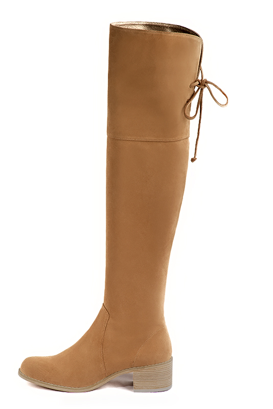 Camel beige women's leather thigh-high boots. Round toe. Low leather soles. Made to measure. Profile view - Florence KOOIJMAN